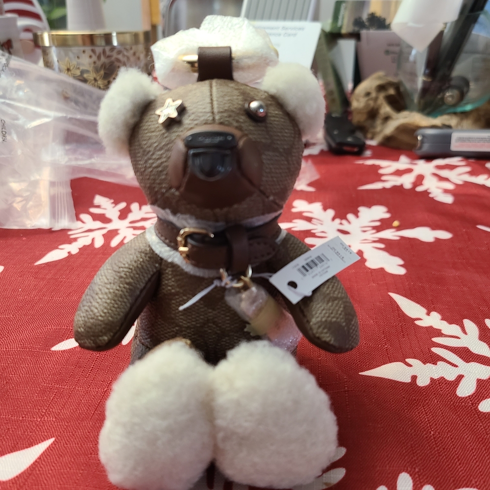 Coach Signature Brown and White Teddy Bear Keychain